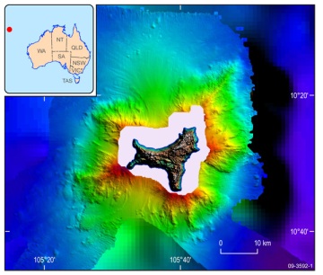 Bathymetry measurements reveal the  steep submarine architecture around Christmas Island. Source.