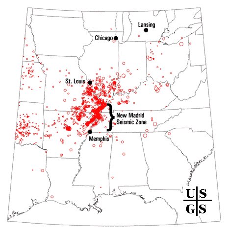 Map of the New Madrid Seismic Zone, New Madrid County, Missouri. There have been 4000 recorded earthquakes in the area since 1974. Image Credit - USGS, Wikimedia Commons. 