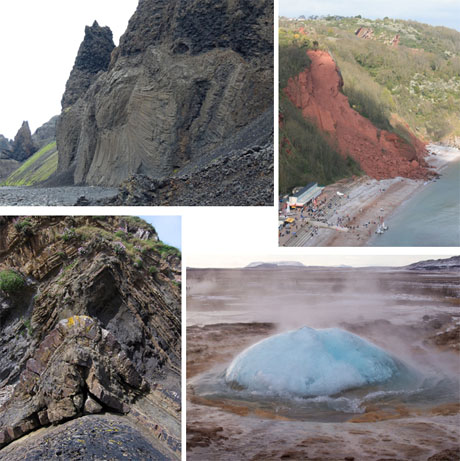 2015's 2nd place, ‘Hafrahvammar Canyon, Iceland’ by John Schroder (Top Left), 3rd, ‘Dramatic Cliff Failure of Permian Red Beds at Babbacombe near Torquay’ by Scott O'Neil Gwilliams (Top Right), Highly Commended ‘Strokkur Geysir, South Iceland’ by Fiona Townley (Bottom Right) and 'Whaleback Fold, Bude, Cornwall’ by Tim Wright (Bottom Left)