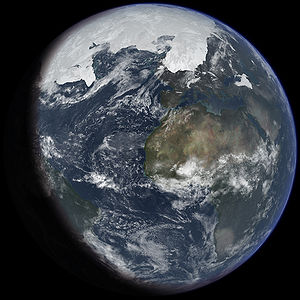 An artist's impression of ice age Earth at glacial maximum. Based on: Crowley, T. J. (1995). "Ice age terrestrial carbon changes revisited". Global Biogeochemical Cycles. 9 (3): 377–389. 